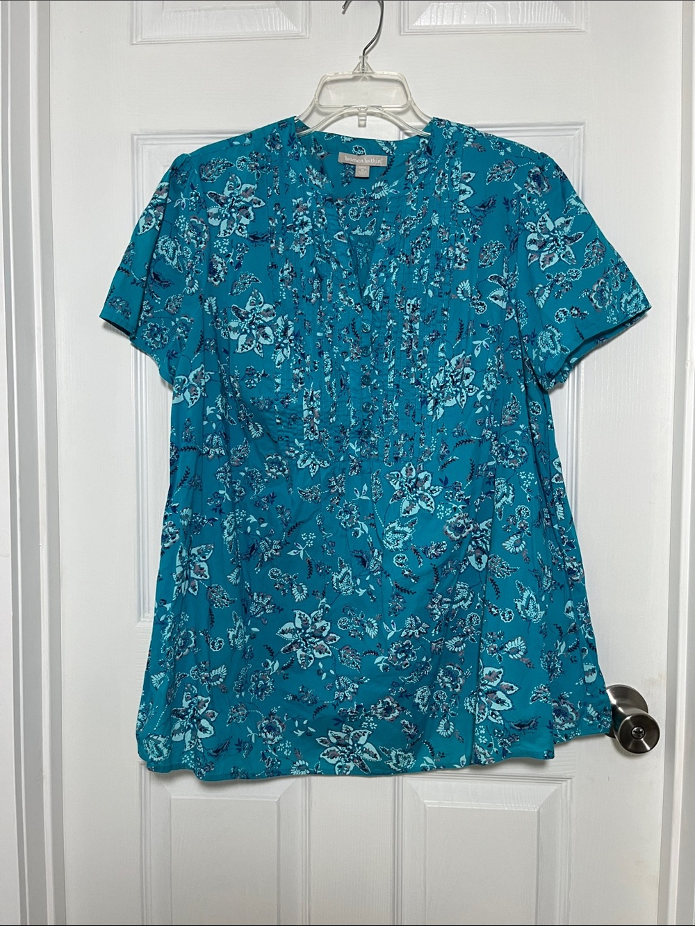 Woman Within Turquoise Floral Short-Sleeve Pintuck Blouse